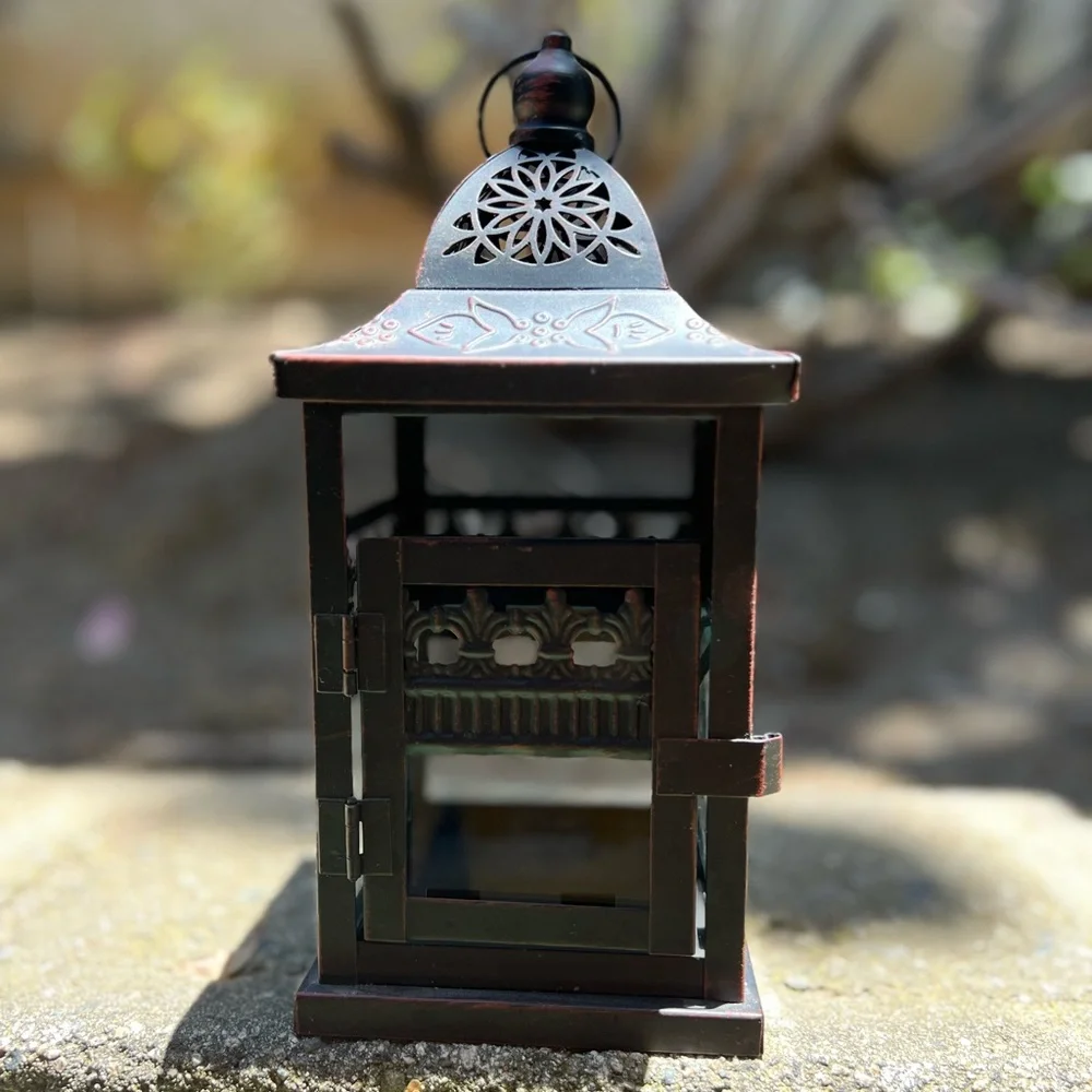 Small Black and Red Metal Lantern Candle Holder